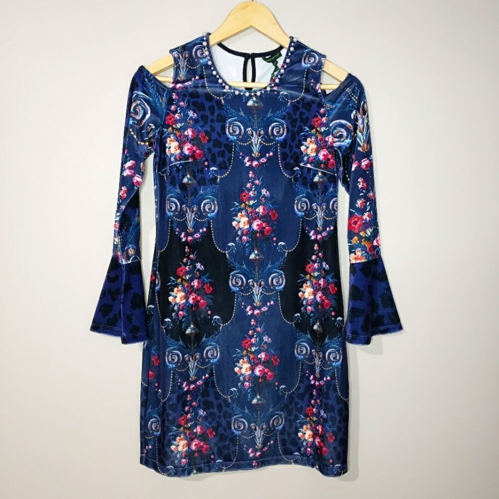 Tricotto NWT XSmall Blue Pink Floral Long Bell Sleeve Beaded Cold Shoulder Dress